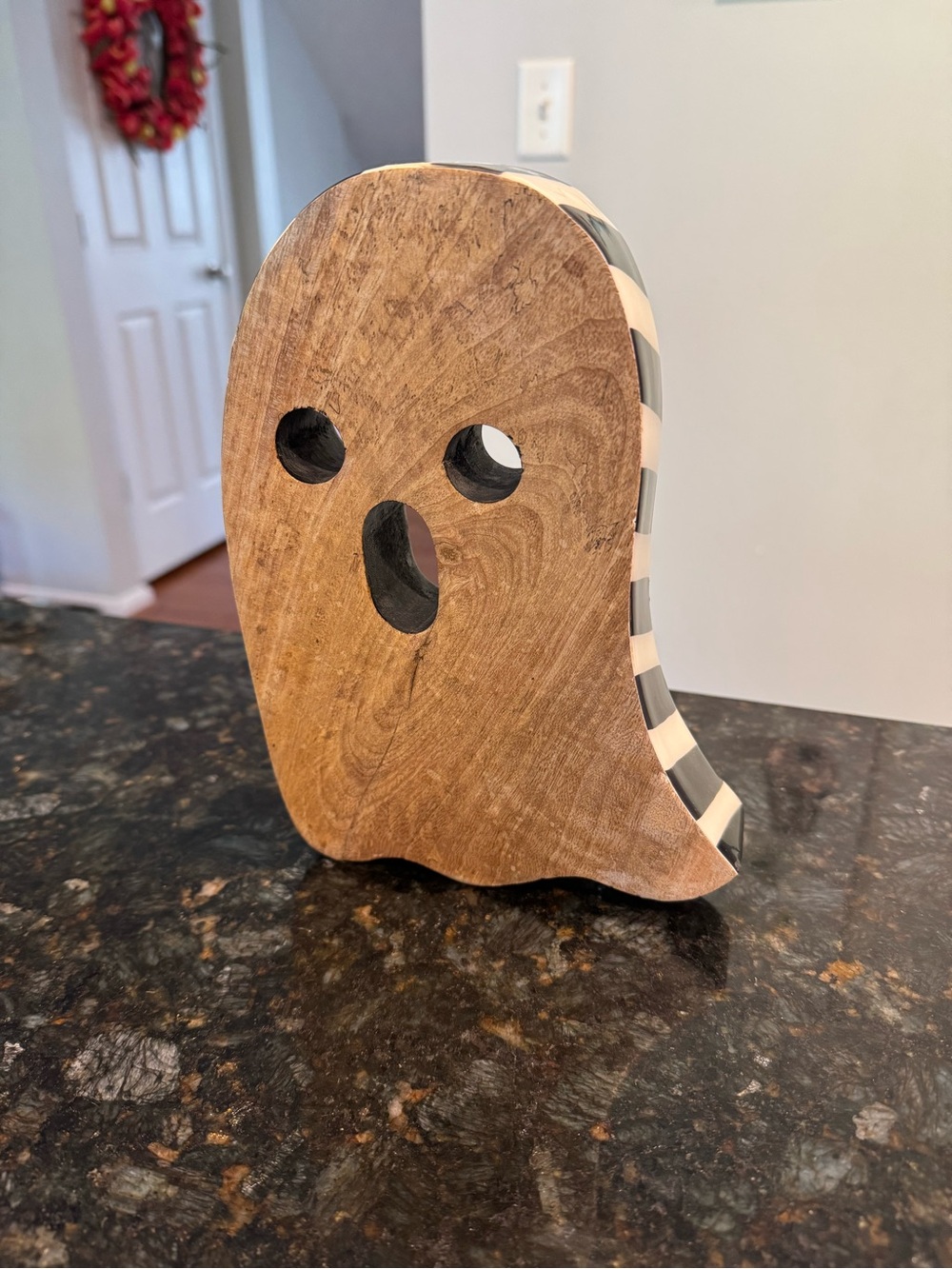 Primitive Halloween Ghost Wooden with Ceramic Edges NEW Black & White Stripes